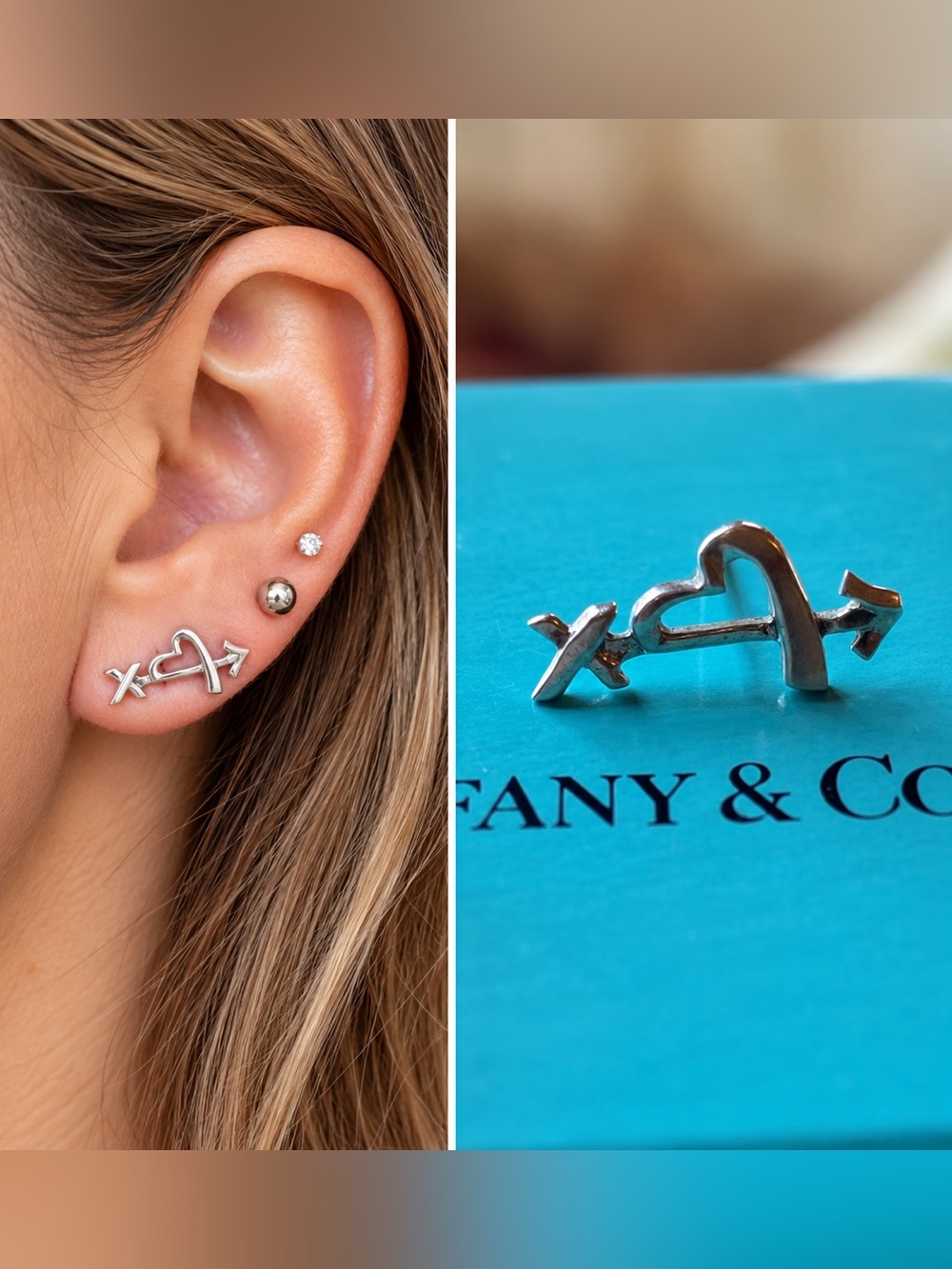 Auth Tiffany & Co. Paloma Picasso 925 Sterling Silver Heart Arrow Kiss Earring